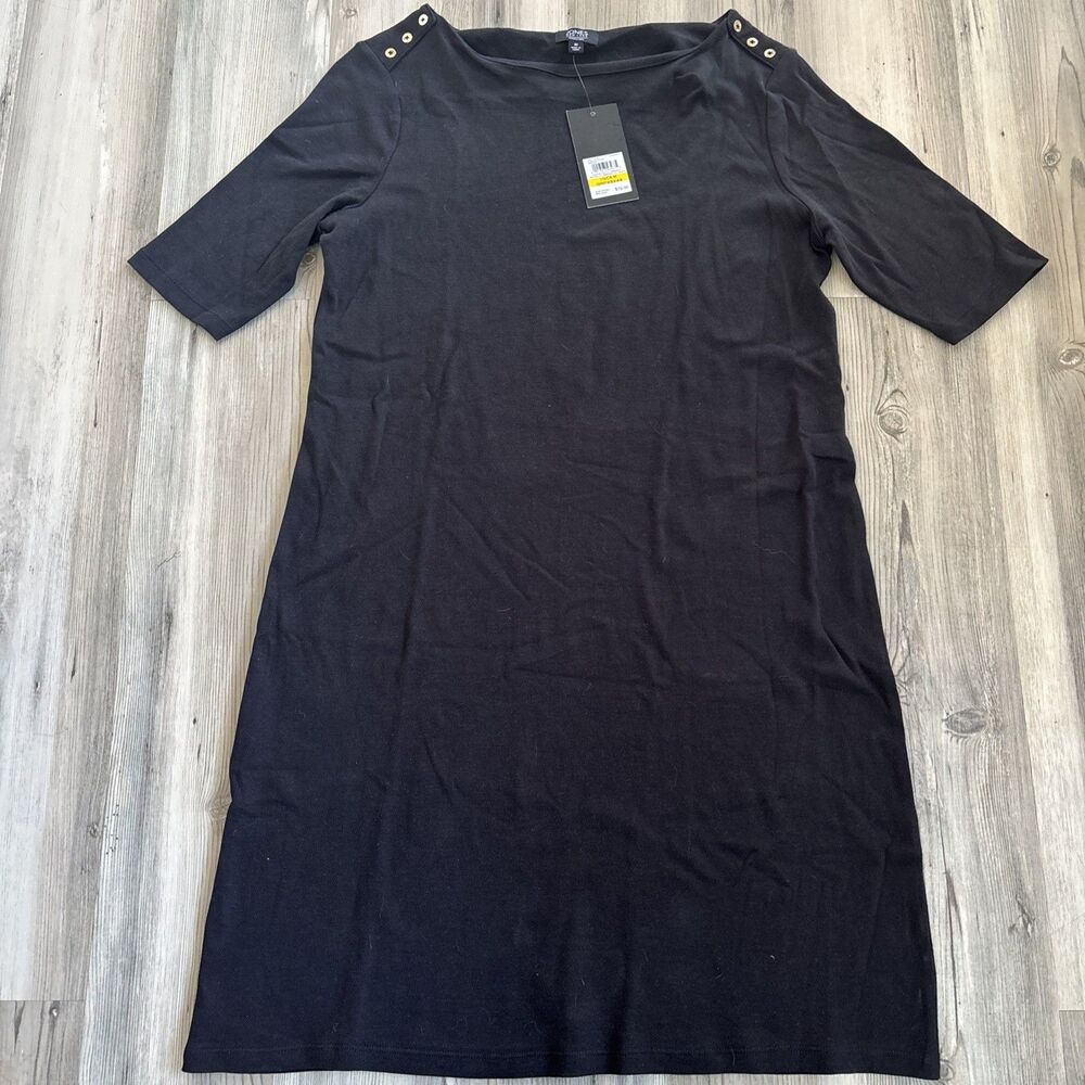 NWT Jones New York Black Midi Dress Gold Buttons 3/4 Sleeve Size Medium